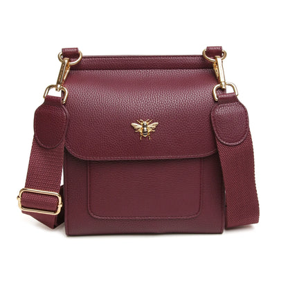 Berry Red faux leather crossbody bag with bee emblem magnetic flap over 