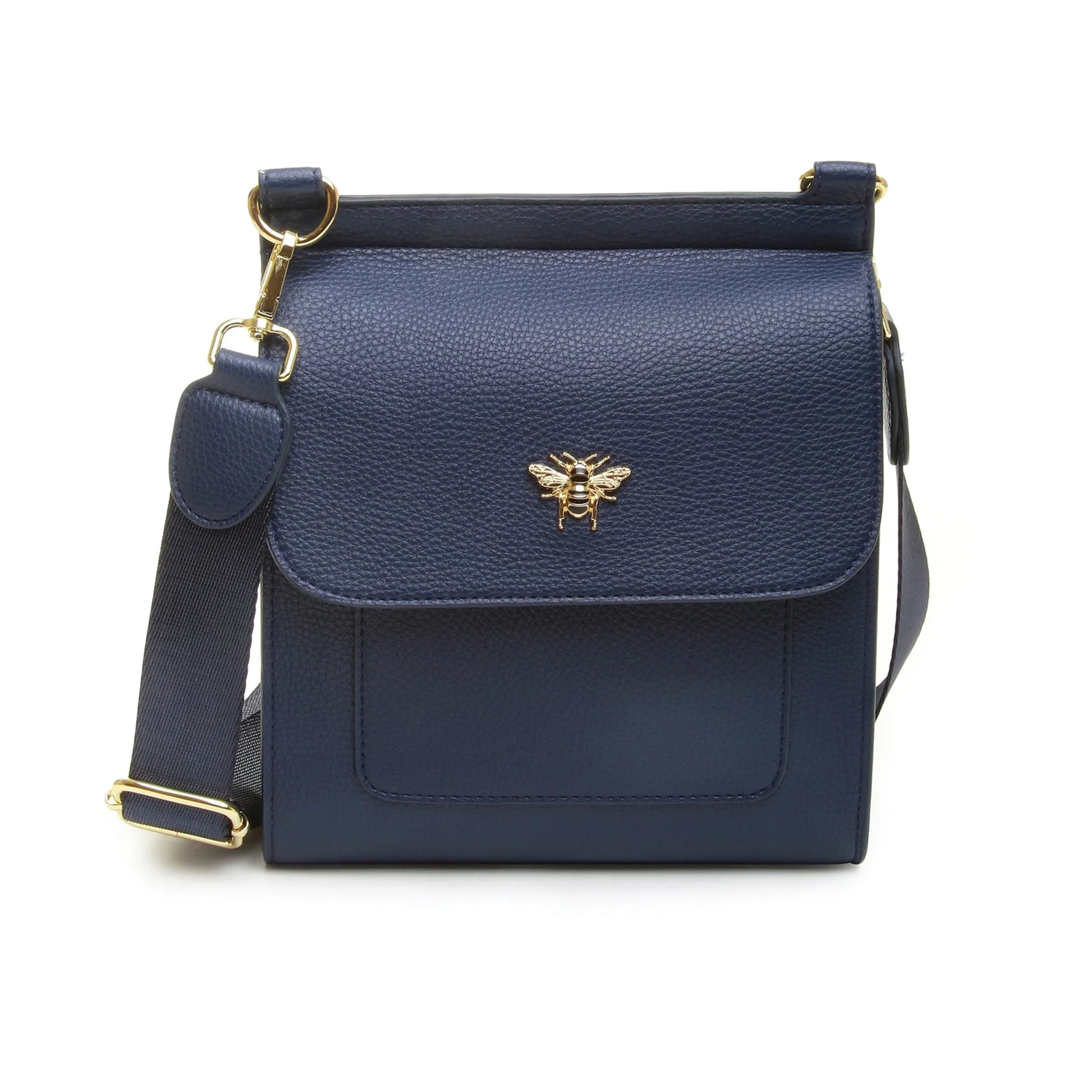 Navy blue faux leather crossbody bag with bee emblem magnetic flap over detail