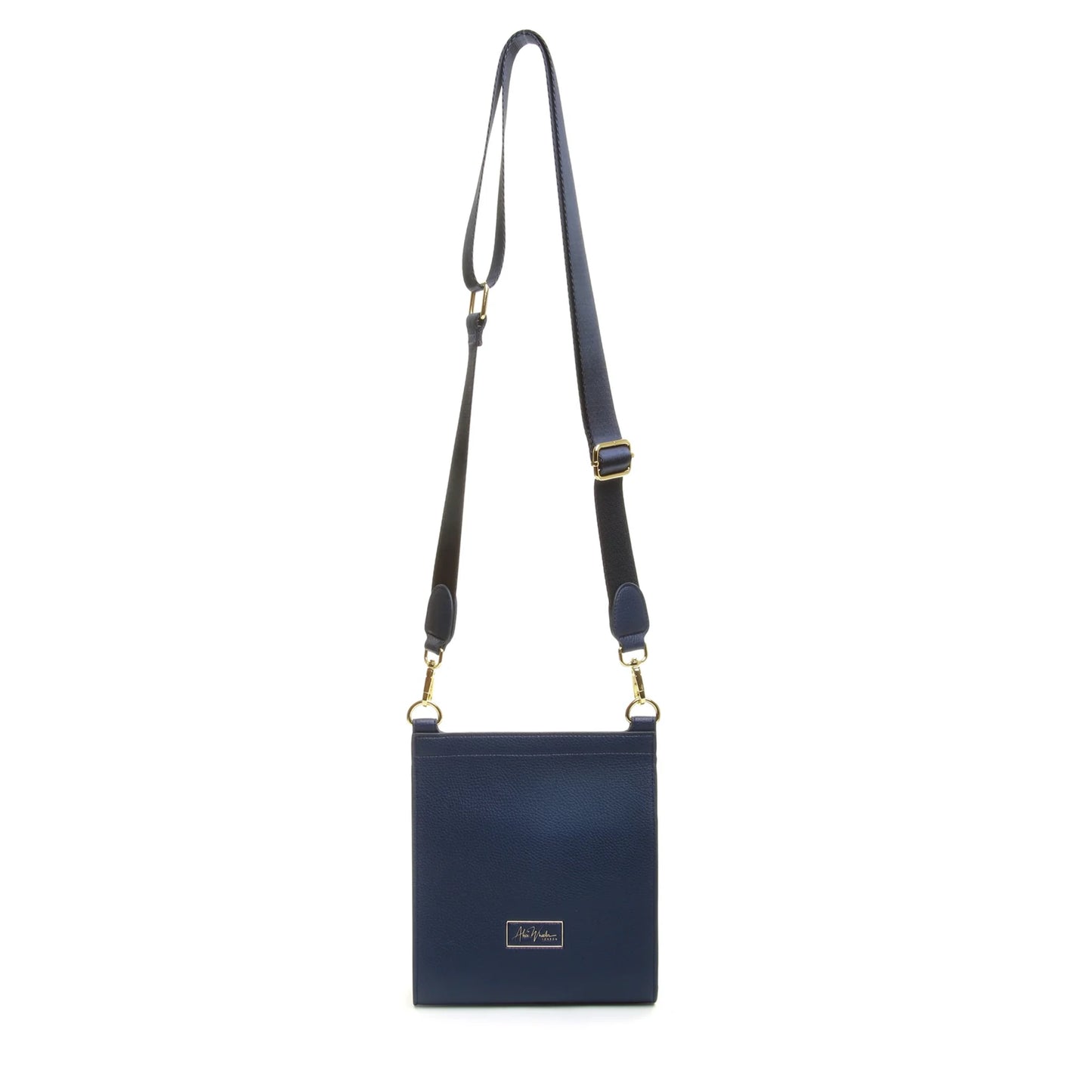 Navy blue faux leather crossbody bag with adjustable canvas strap