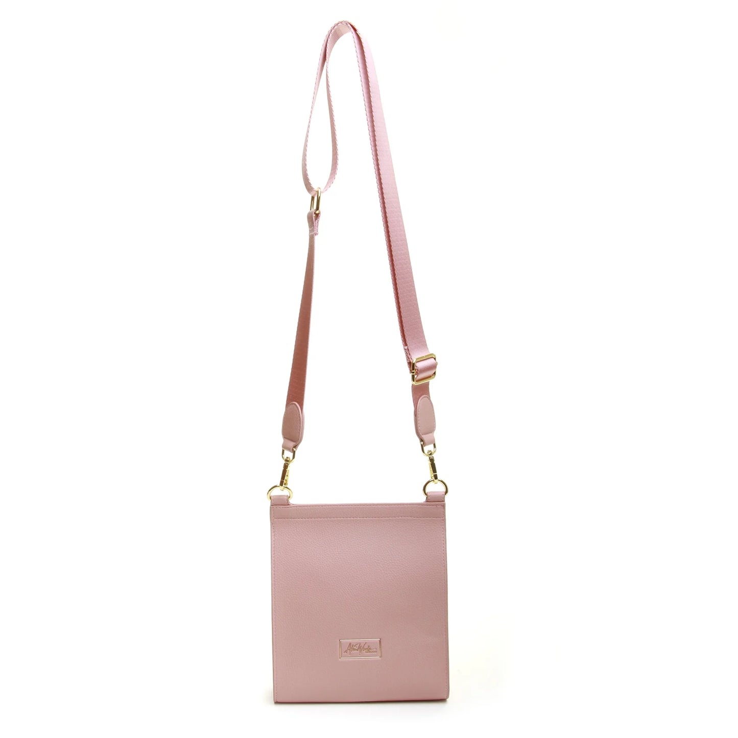 back of pink faux leather crossbody bag with bee emblem magnetic flap over and adjustable strap