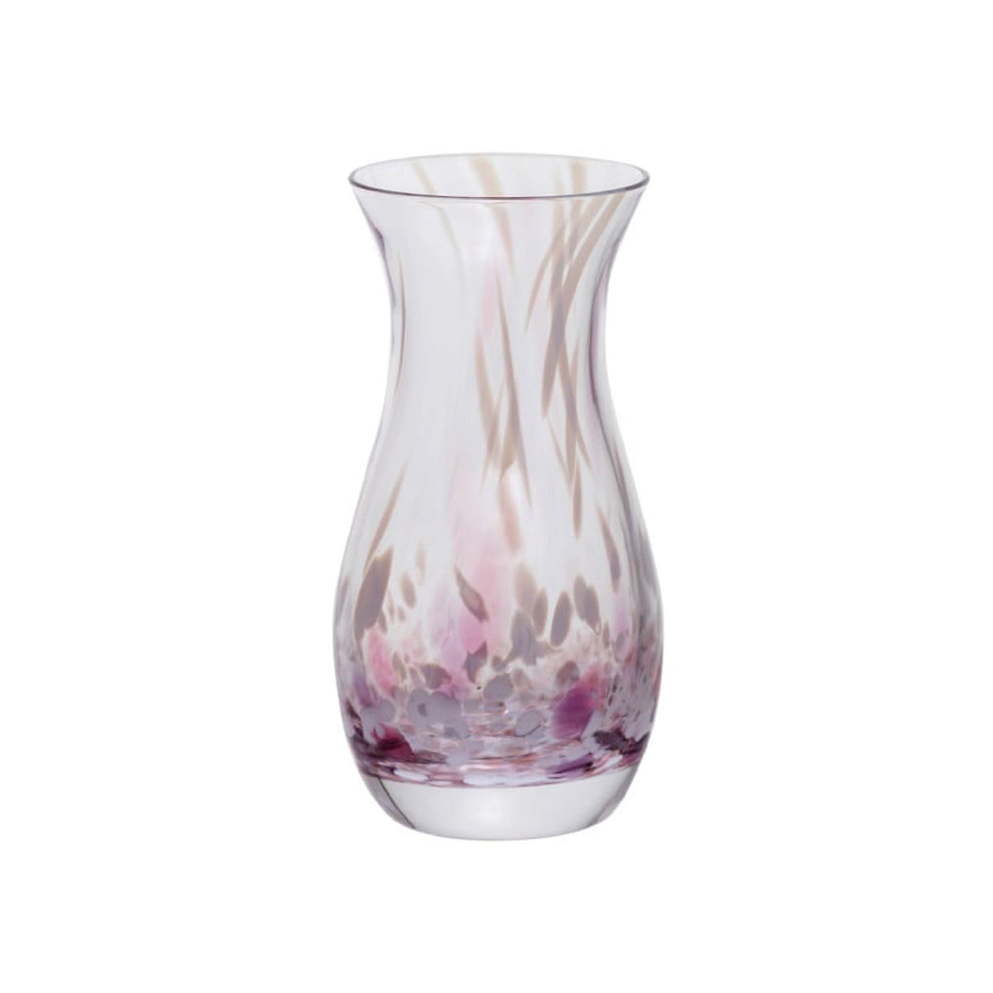 Fluted glass vase with a pink and white swirl design