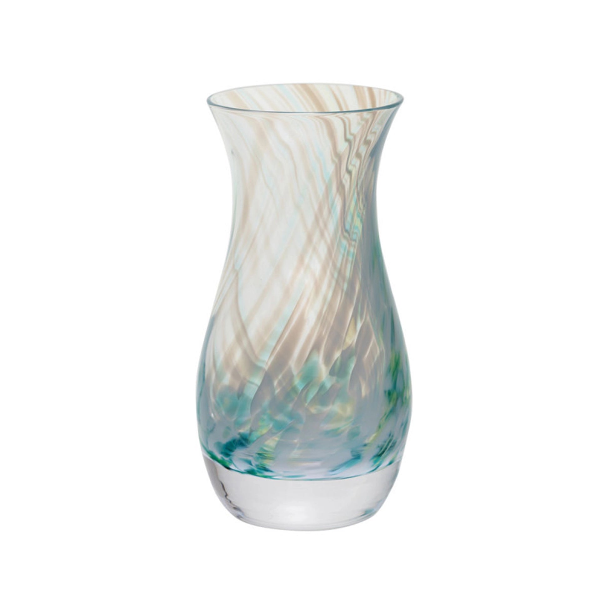 Fluted glass vase with a green and white swirl design