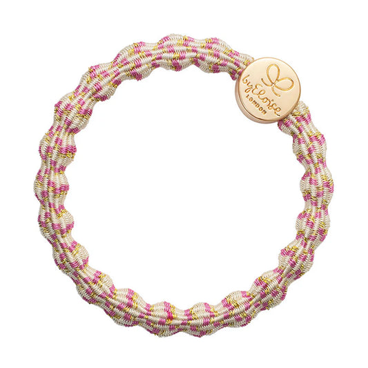 Metallic pink, gold, white coloured bubble shaped hair tie with gold circle charm