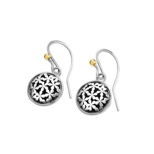 Silver coin shaped earrings with tiny flower design and oxidisation with hook fixtures and gold ball detail