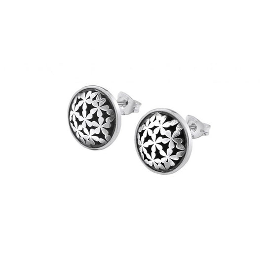 Silver coin shaped earrings with tiny flower design and oxidisation with stud butterfly fitting 