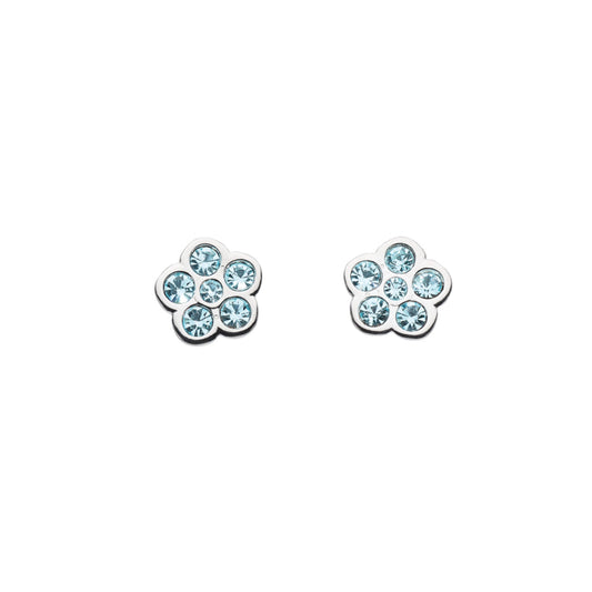 A pair of silver flower shaped stud earrings with 6 blue crystals 