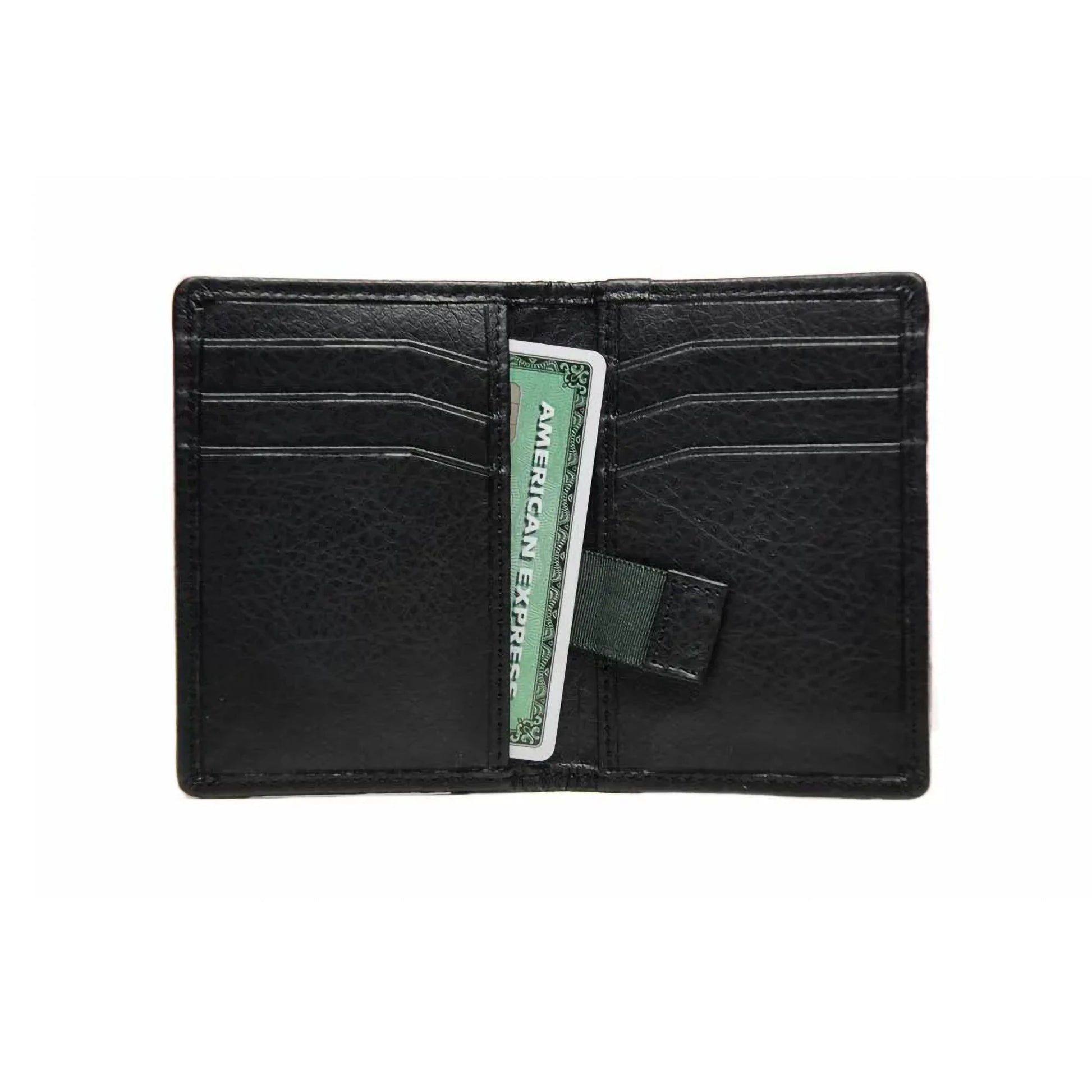 Inside of a charcoal faux leather card holder with 8 card slots