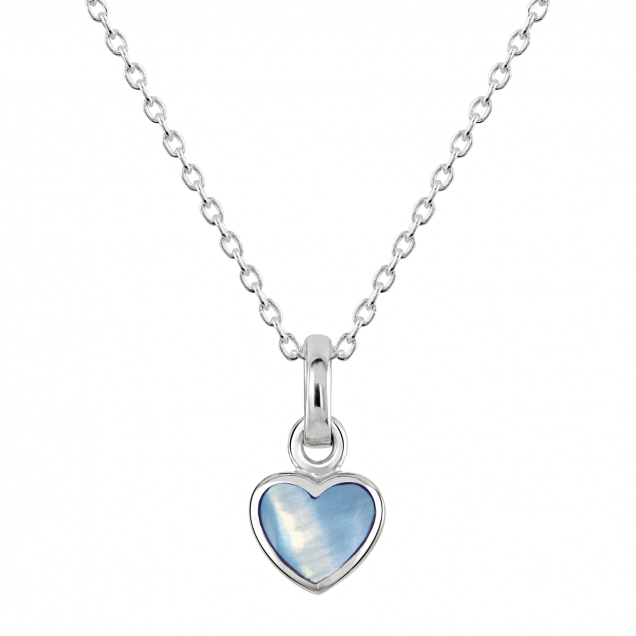 A silver heart pendant with blue mother of pearl stone