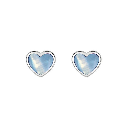 A pair of silver heart earrings with blue mother of pearl stones