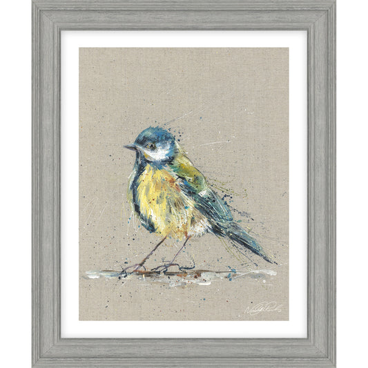 A framed print with textured canvas background and a painted blue tit bird