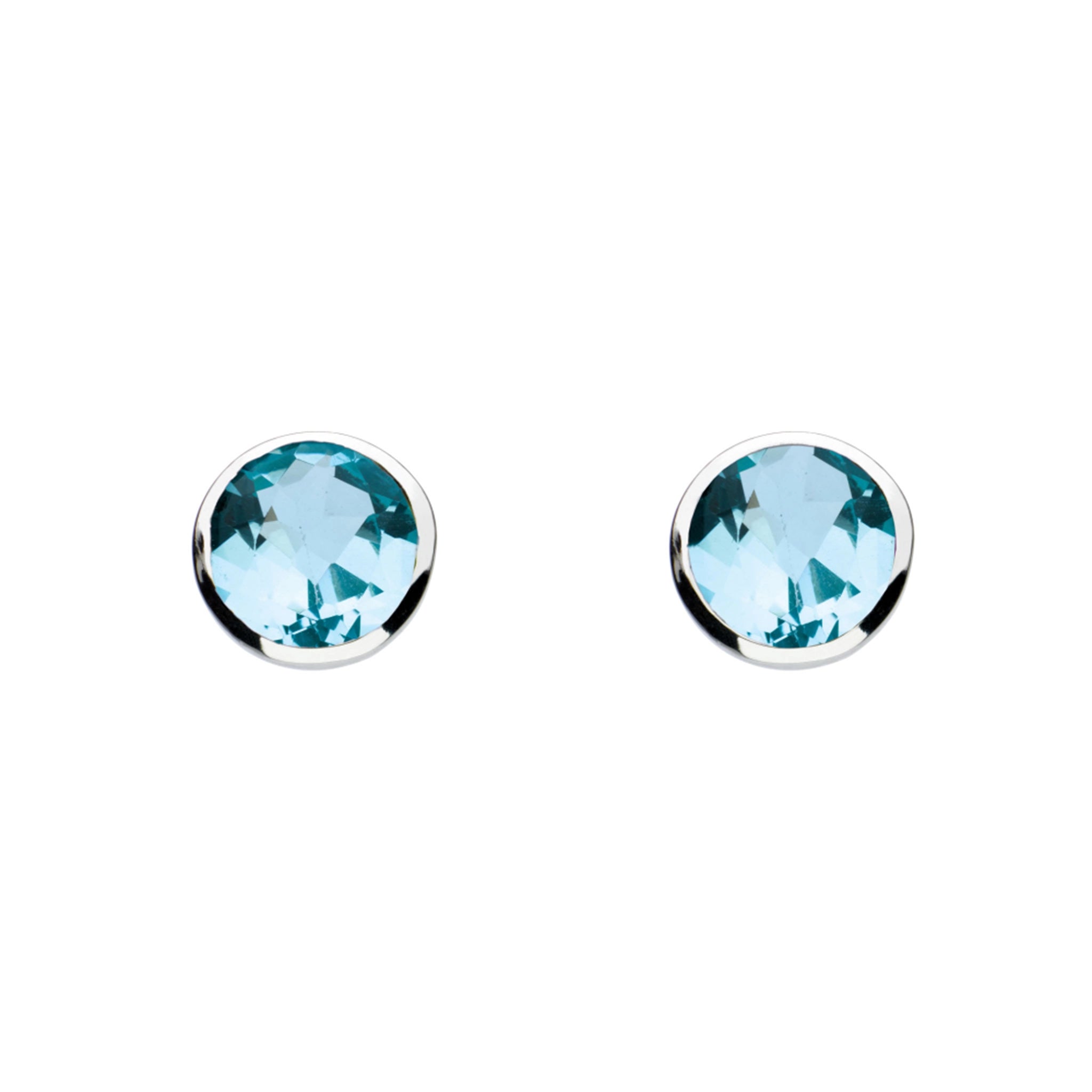 A pair of silver round stud earrings with faceted blue topaz stones
