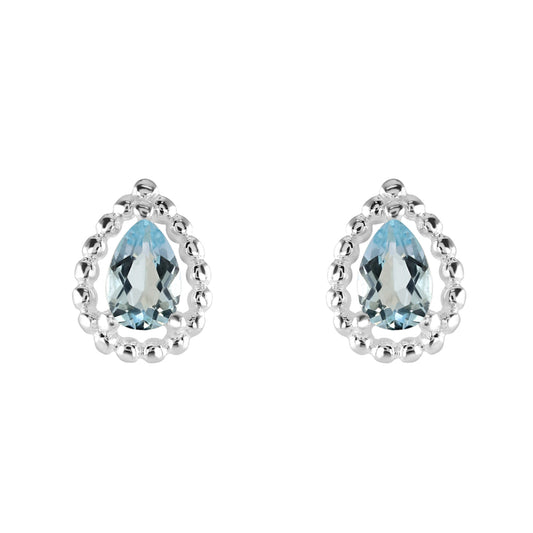 Faceted blue topaz stone teardrop stud earrings with silver bead surround
