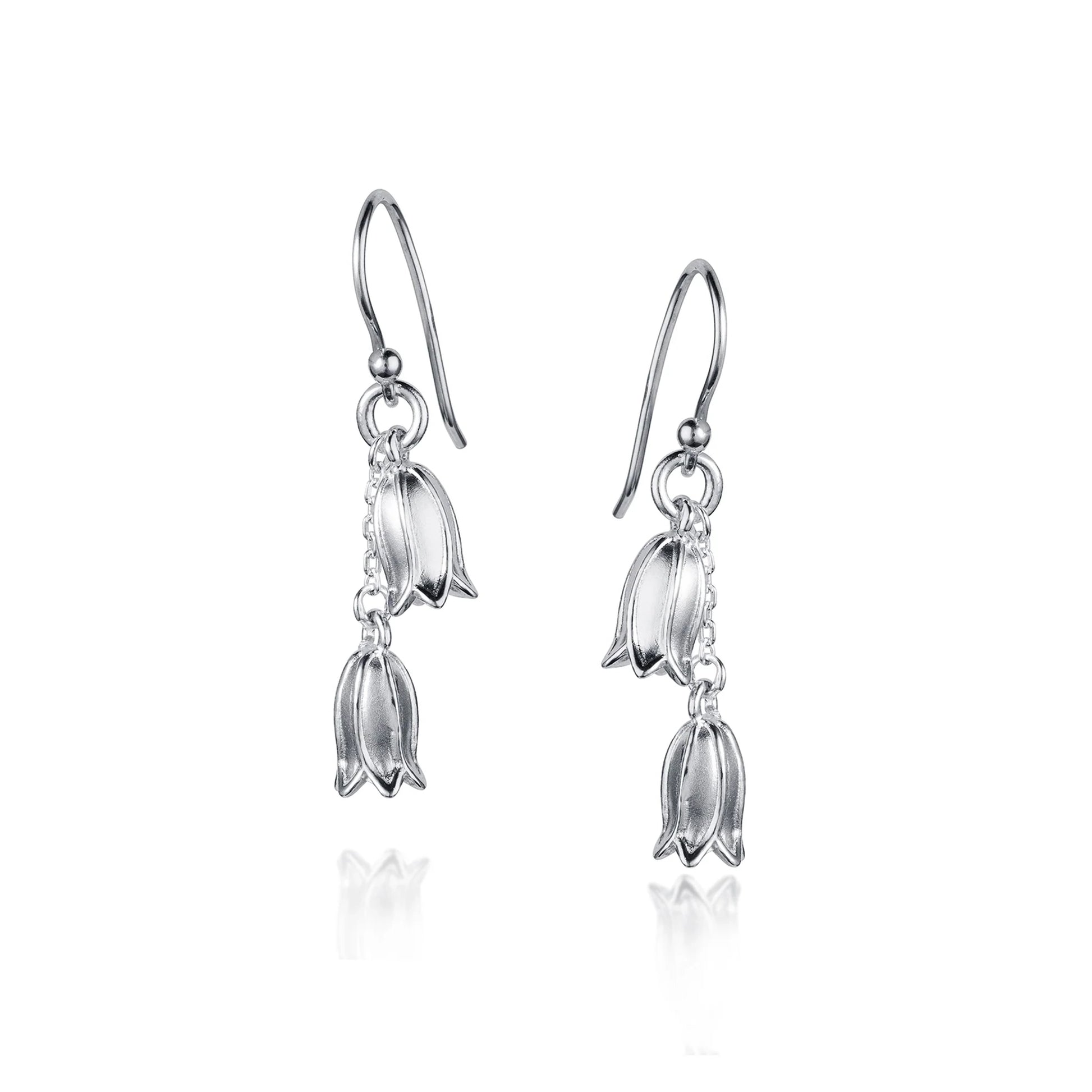 Satin silver drop earrings with two dangly bluebell flowers