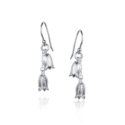 Satin silver drop earrings with two dangly bluebell flowers
