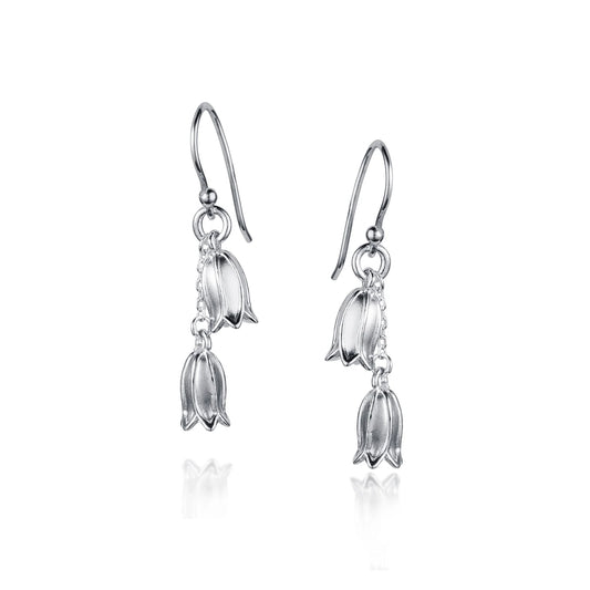 Satin silver drop earrings with two dangly bluebell flowers