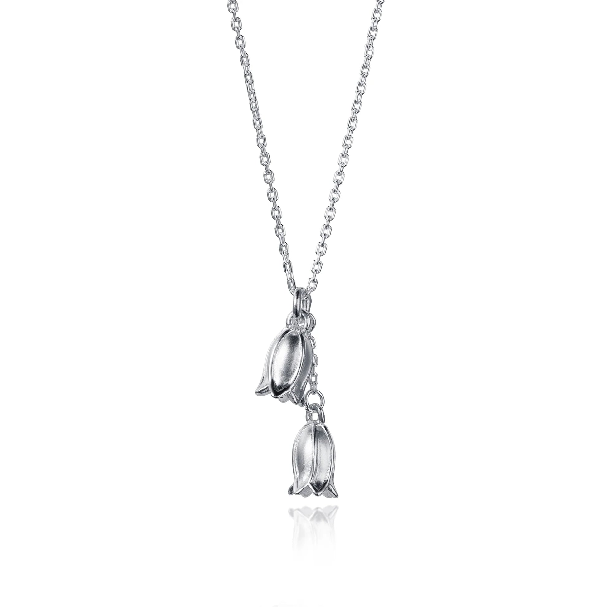 Satin silver necklace with two bluebell flowers