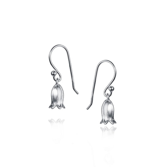 Satin silver drop earrings with a dangly bluebell flower