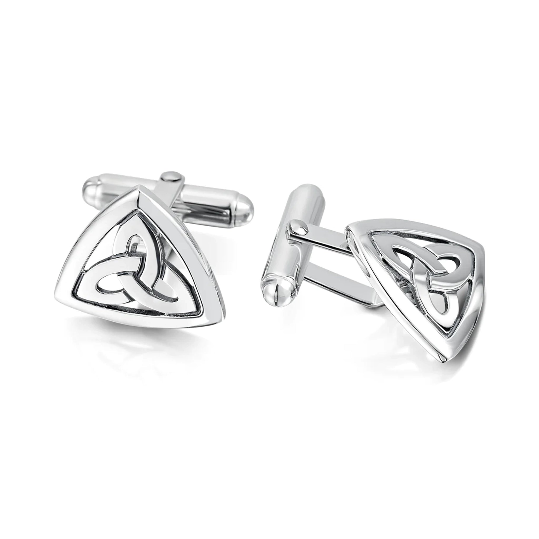 Pair of triangular silver cufflinks with T-bar clasps and trinity knots in the centres