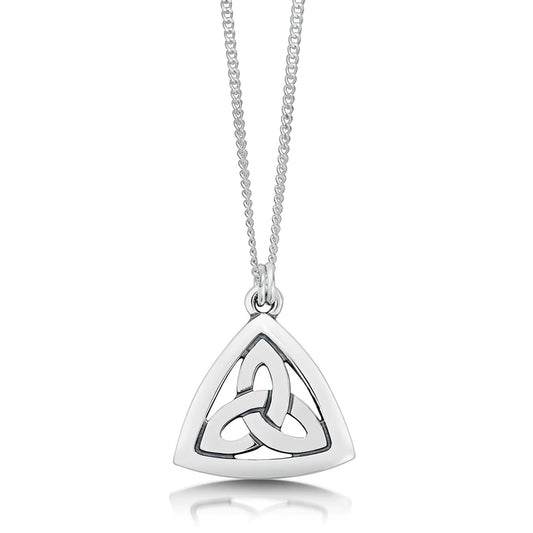 Polished silver triangular pendant on chain with a trinity knot in the centre