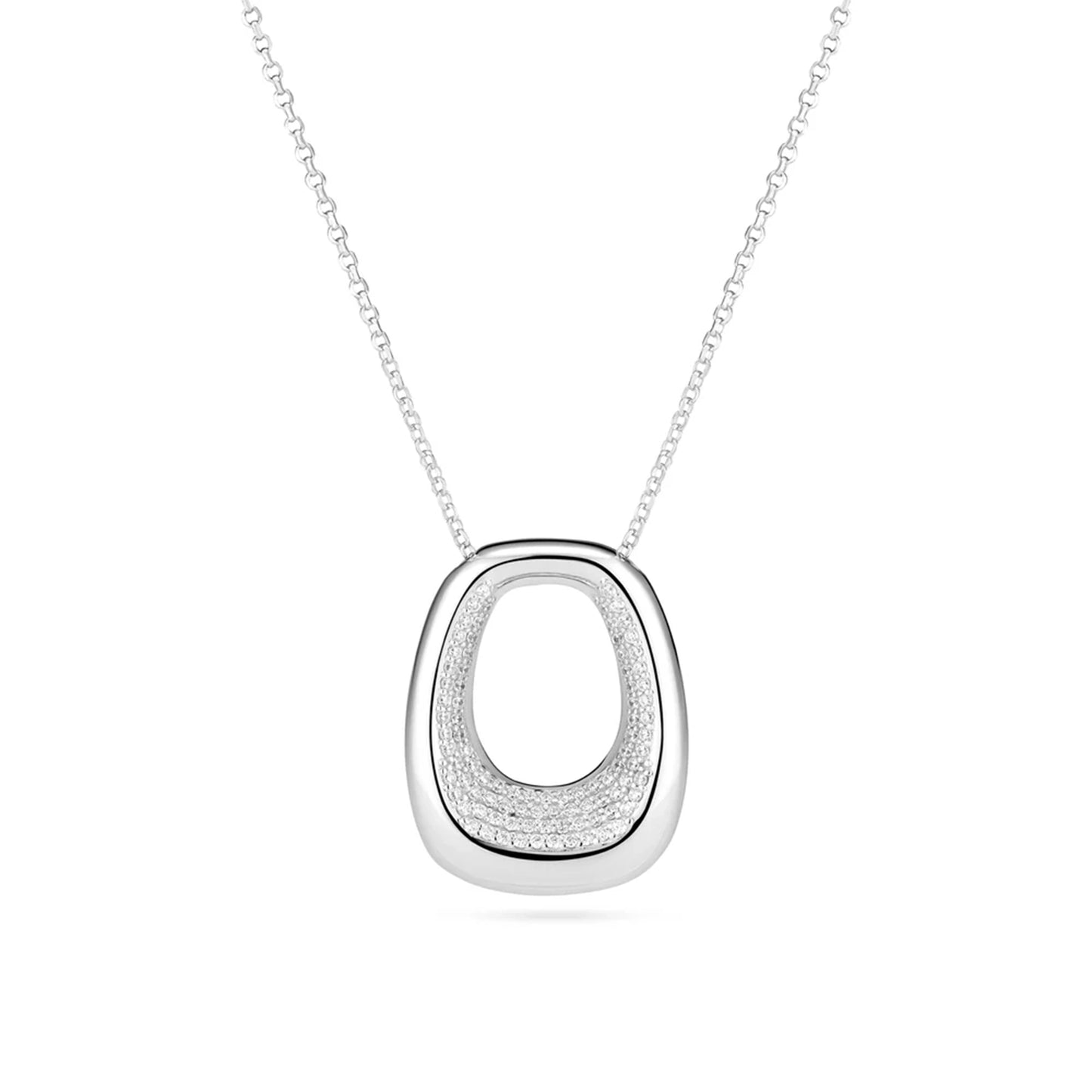 Open curved rectangular shaped pendant with CZ stones in the centre opening