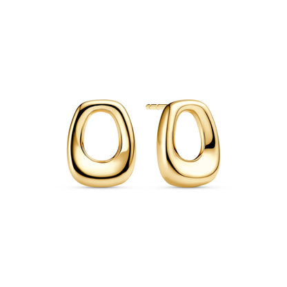 Modern design gold curved rectangular stud earrings with open centres