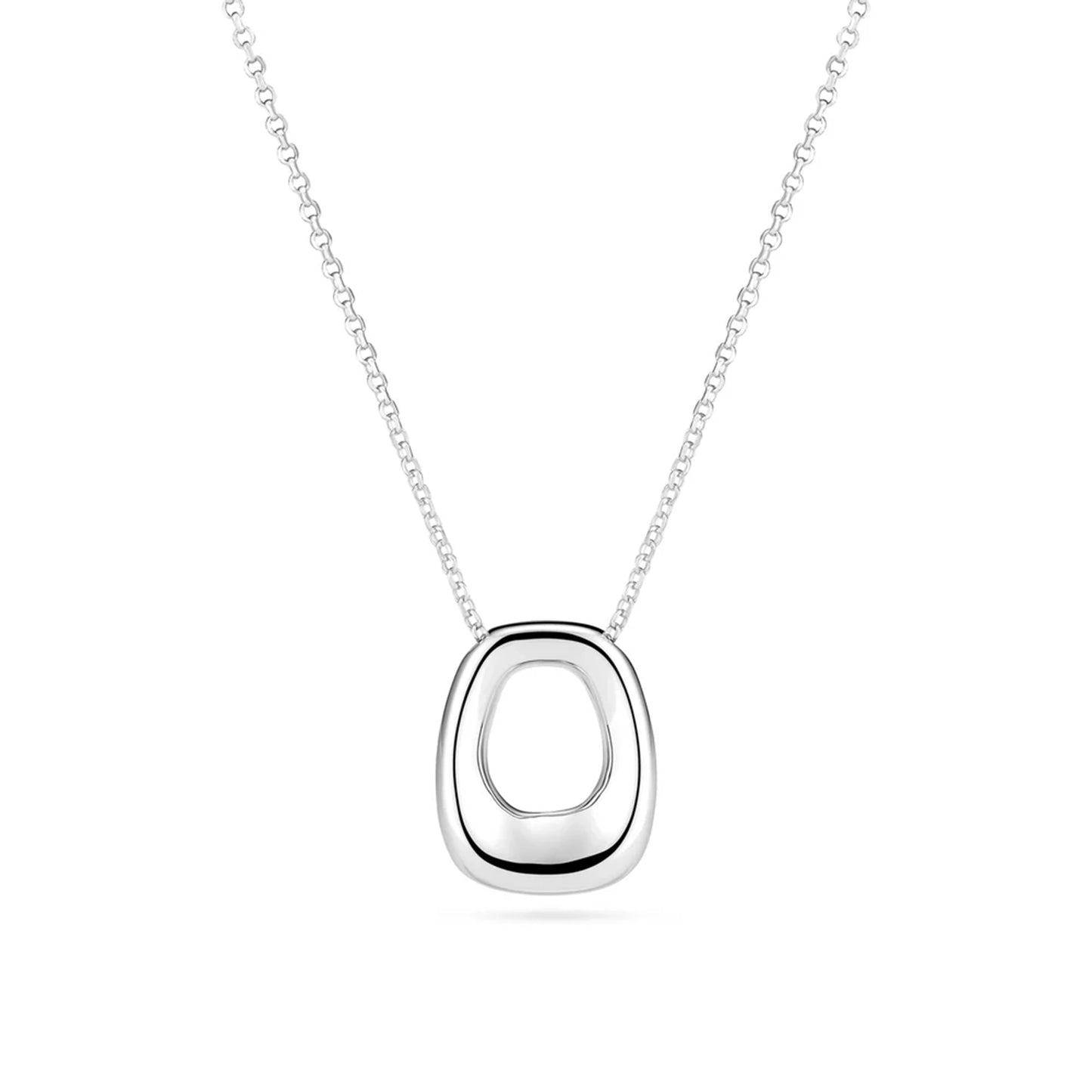 Modern design silver curved rectangular pendant with open centre on a silver chain