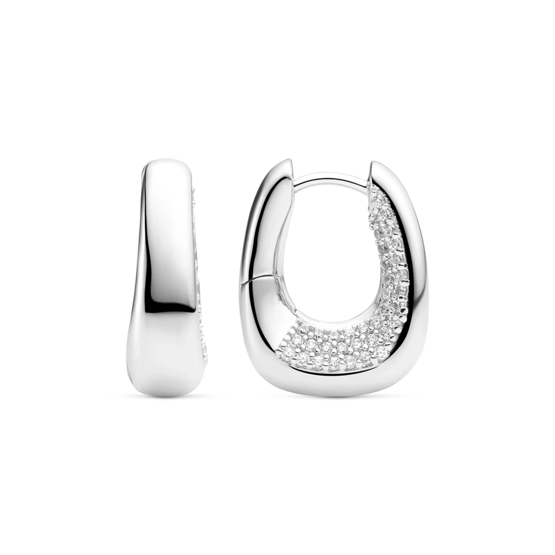 Open curved rectangle silver hoop earrings with CZ pave in the opening and lever back fastening