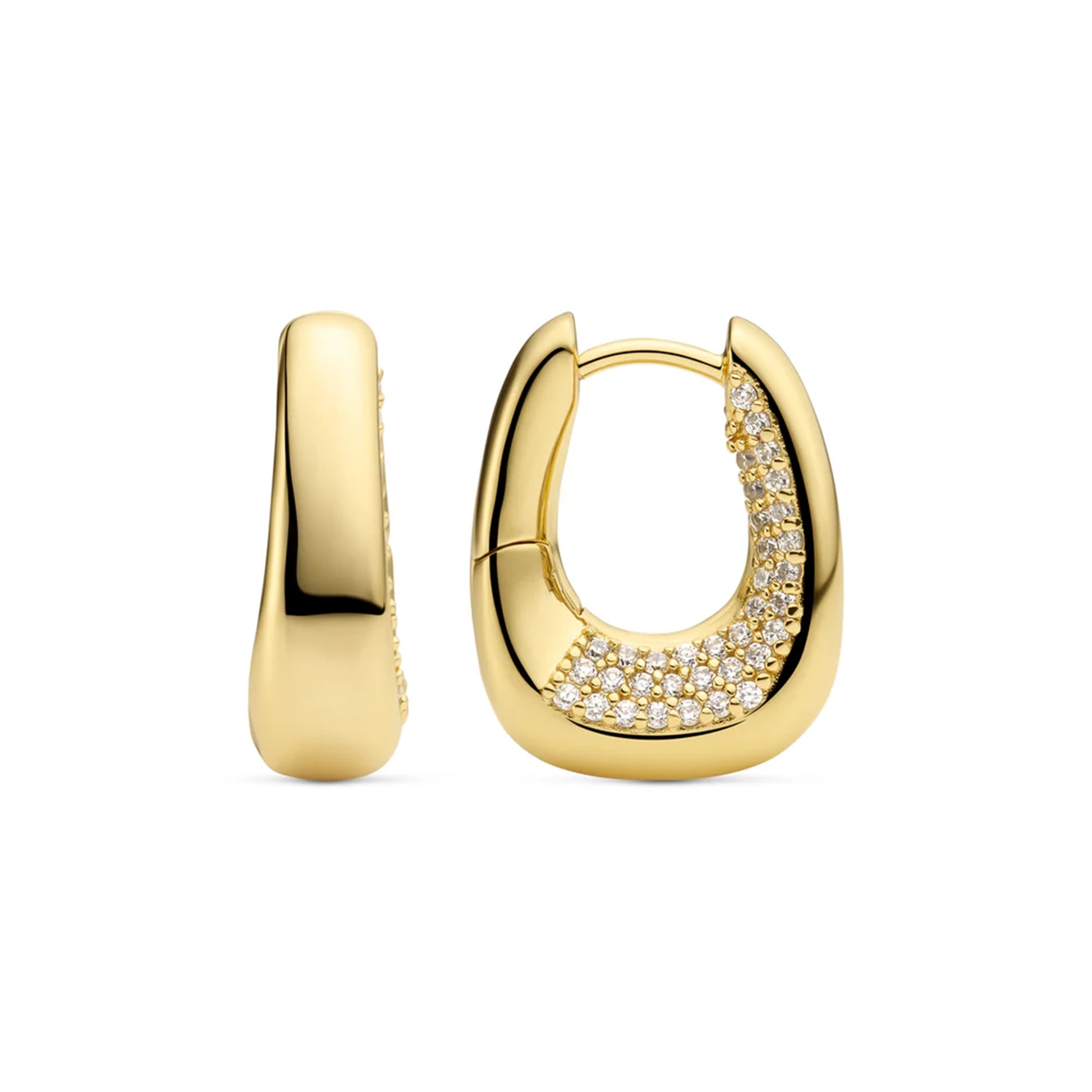 Open curved rectangle gold hoop earrings with CZ pave in the opening and lever back fastening