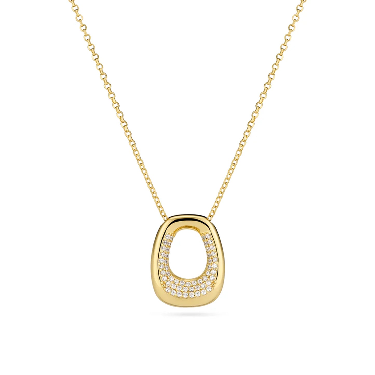 Open curved rectangular shaped yellow gold pendant with CZ stones in the centre opening 