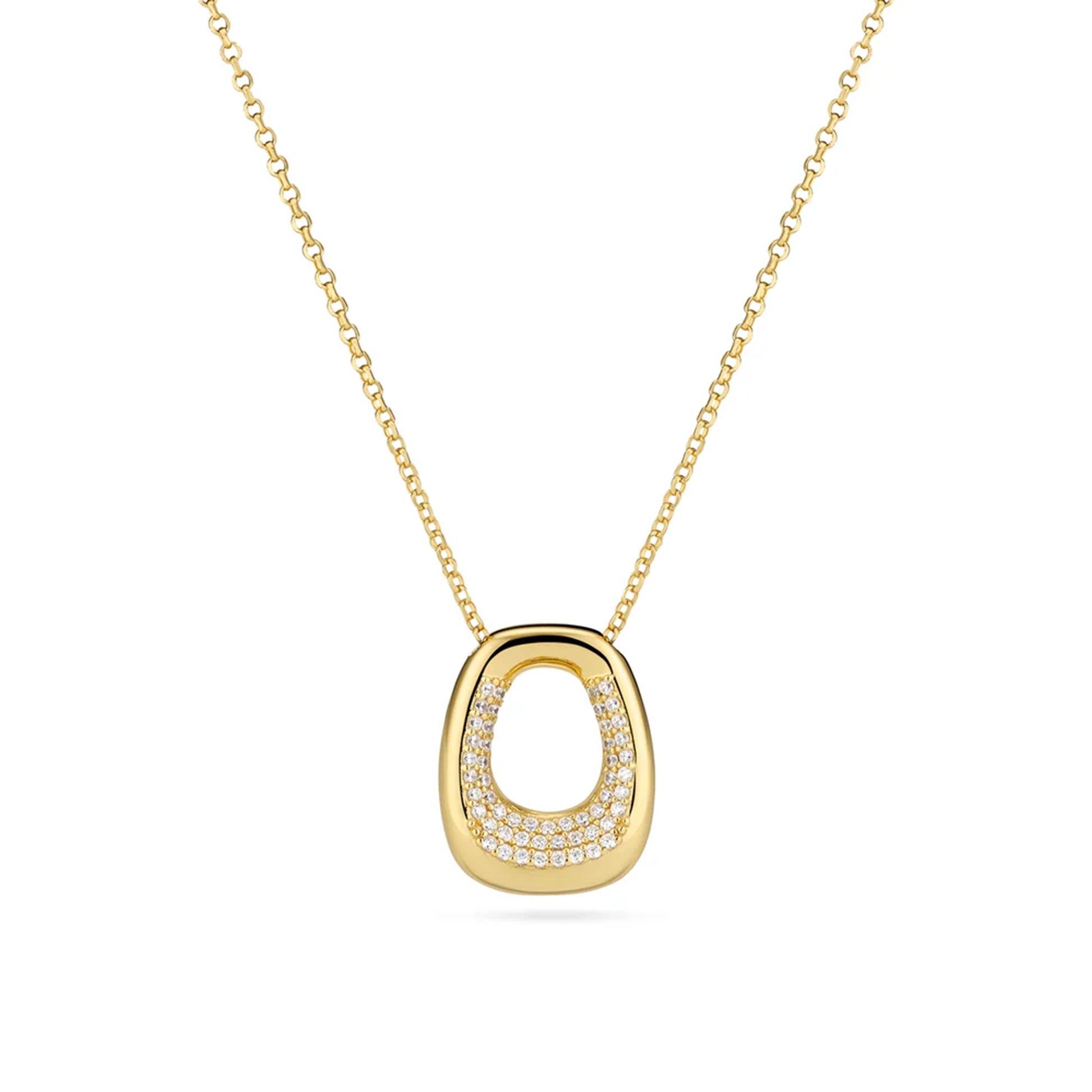 Open curved rectangular shaped yellow gold pendant with CZ stones in the centre opening 
