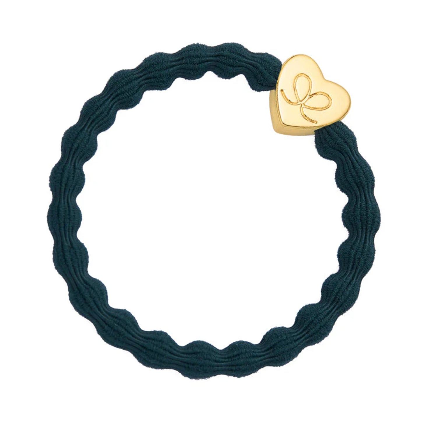 Metallic dark green coloured bubble shaped hair tie with gold heart charm