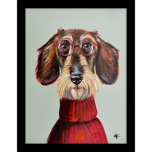 A rectangular framed print featuring a dachshund dog in round red glasses and a red jumper