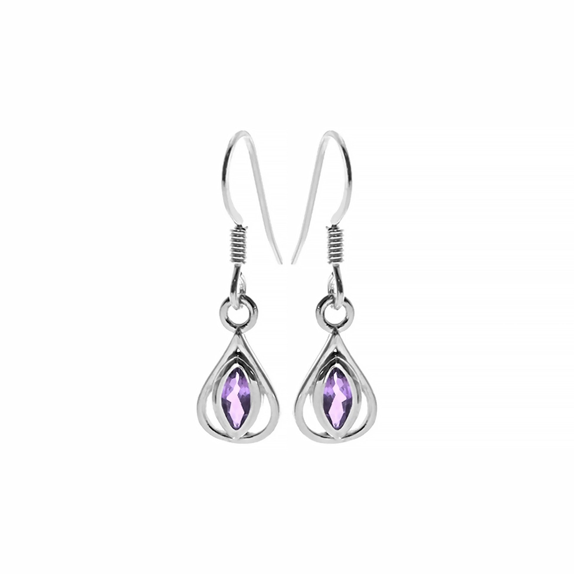 Teardrop shaped silver drop earrings with marquis amethyst stones in the centres