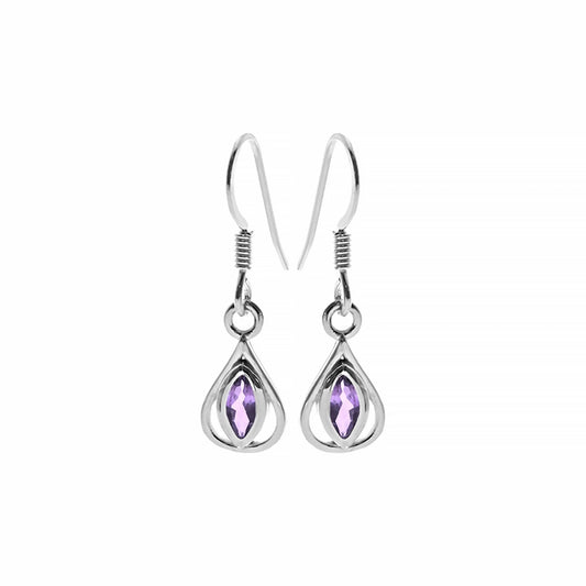 Teardrop shaped silver drop earrings with marquis amethyst stones in the centres