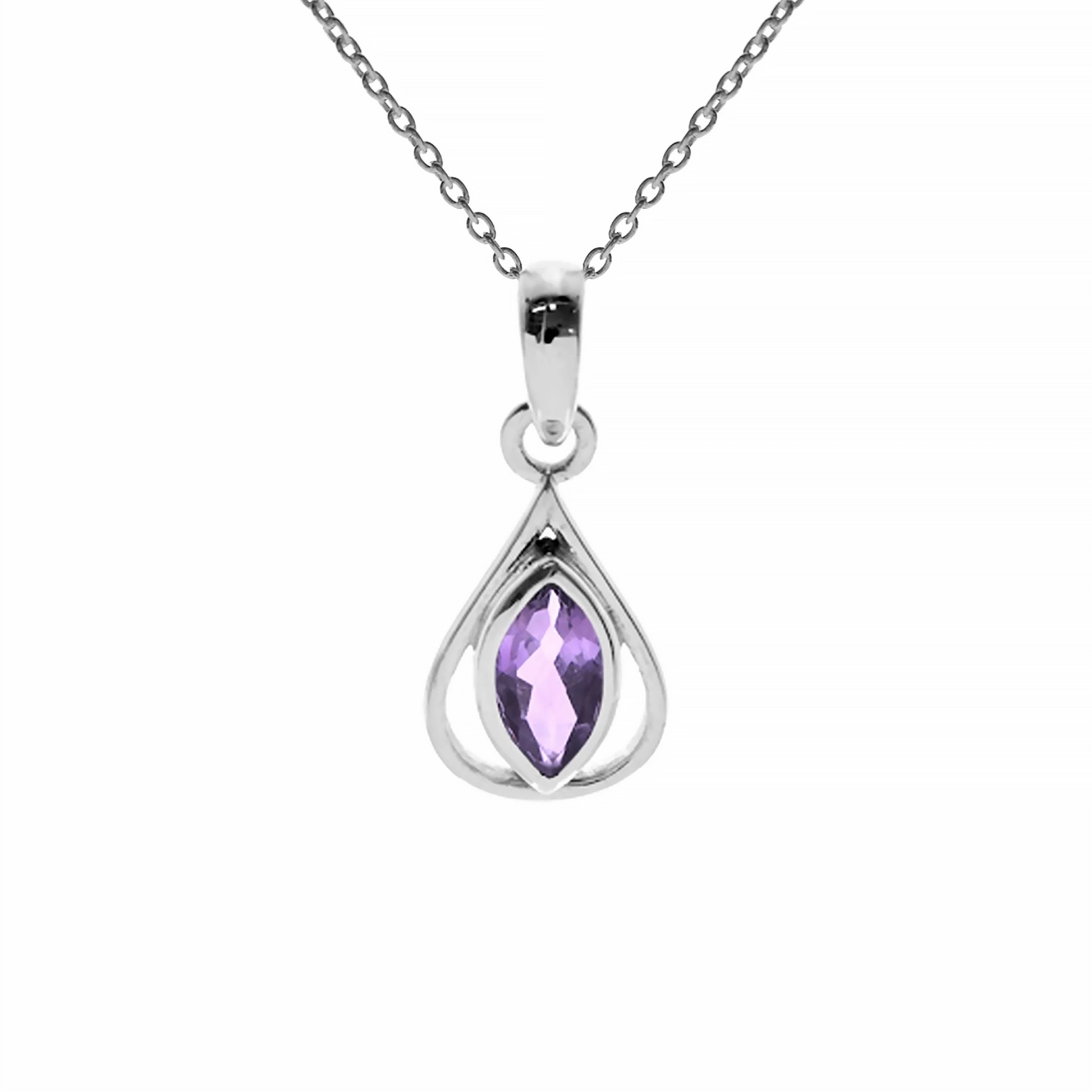 Teardrop shaped silver pendant with marquis amethyst stone and silver chain