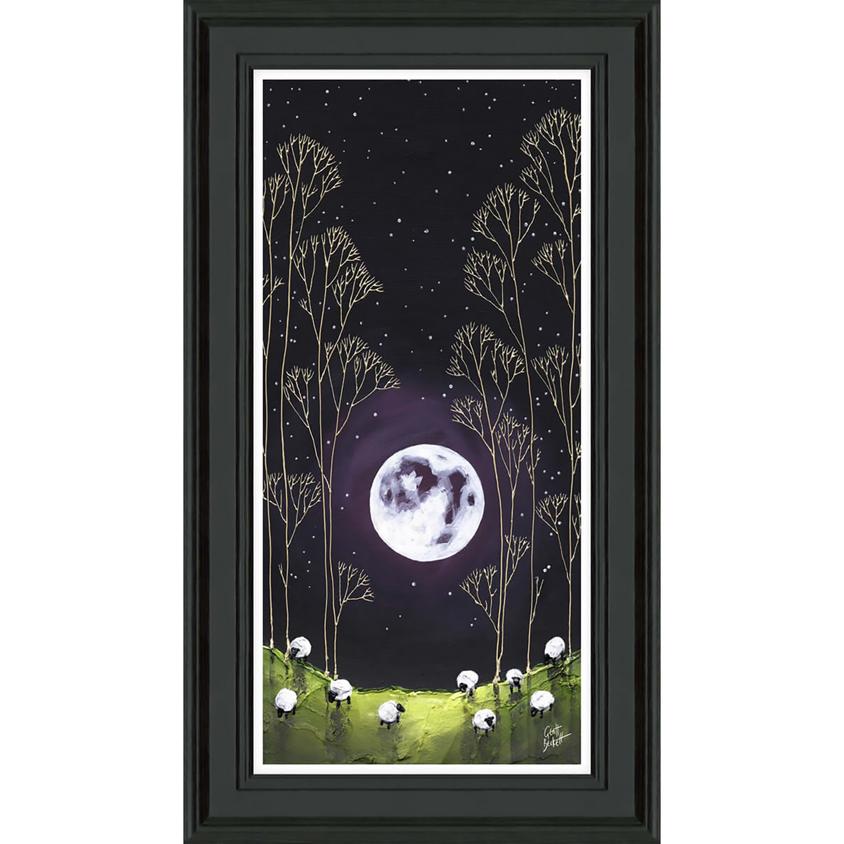A framed print featuring a glowing full purple moon by artist Geoff Beckett