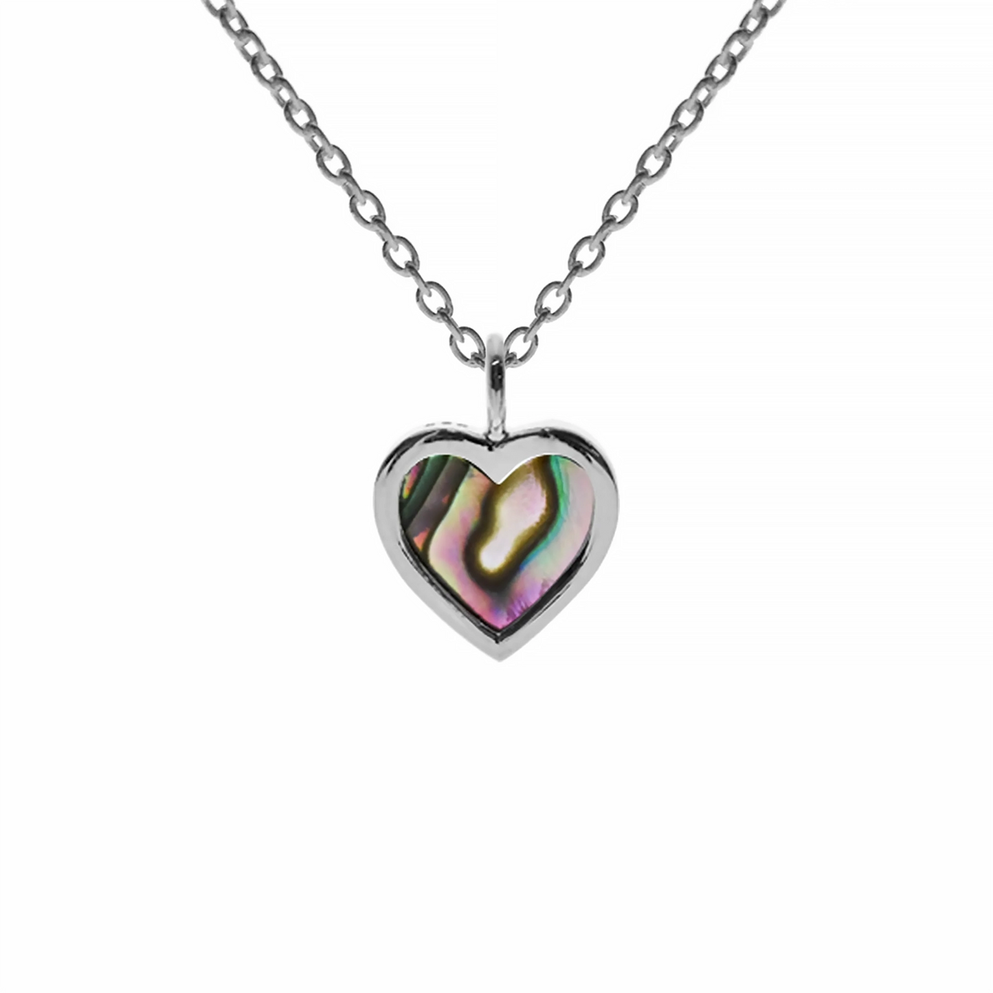 Heart shaped pendant with silver frame and paua shell on a silver chain