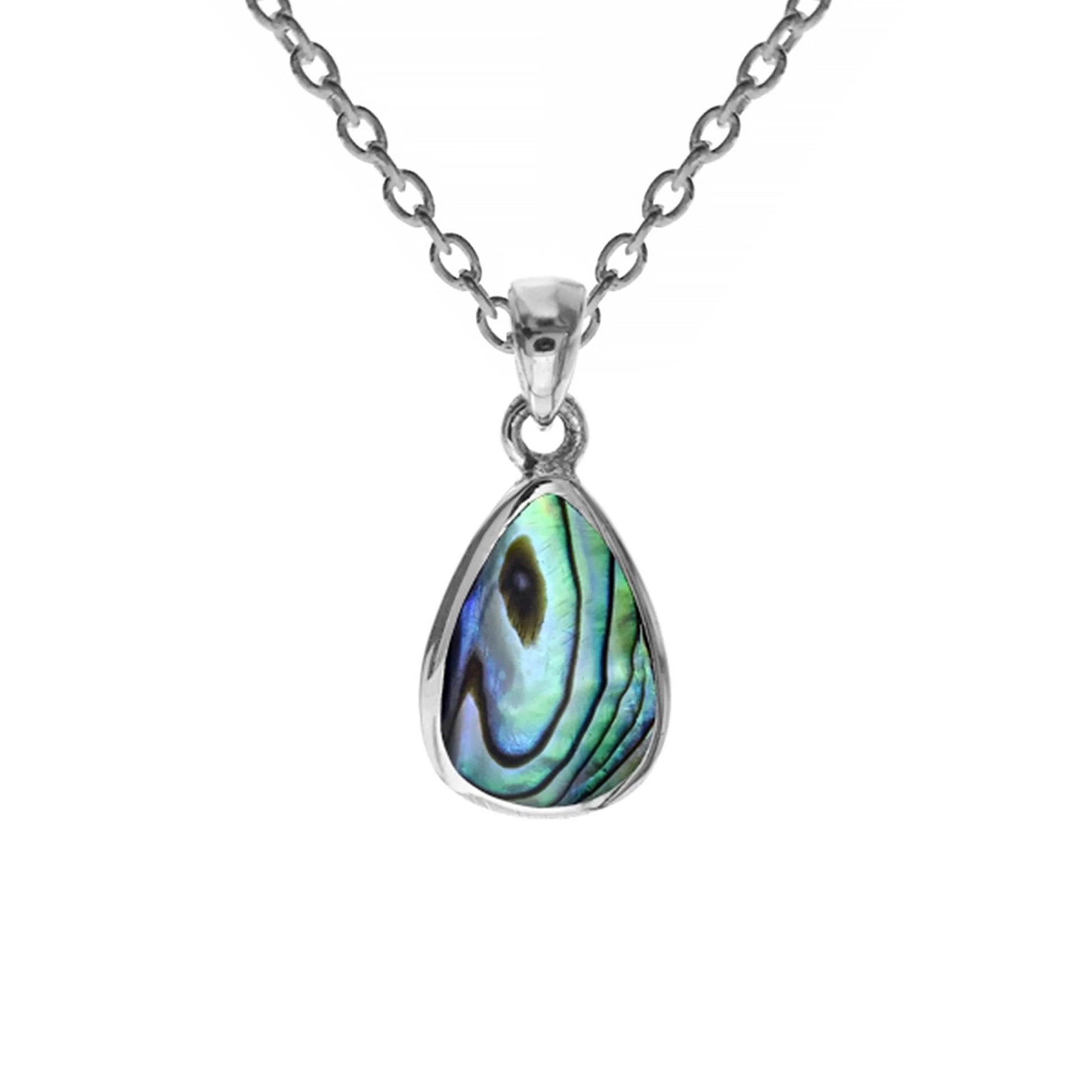 A silver teardrop shaped necklace with a paua shell centre