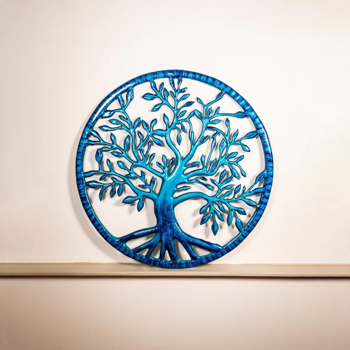 Hanging round aqua coloured tree of life wall ornament