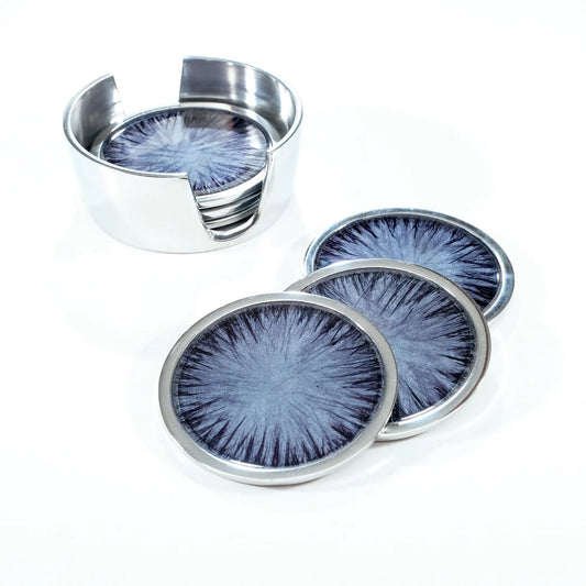 A set of six round coasters with black enamel pattern and silver holder