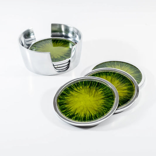 A set of 6 round coasters with a holder and green ombre enamel in the centre