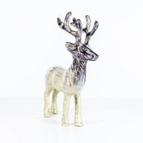 A brushed silver coloured Highland stag sculpture with etched details from front