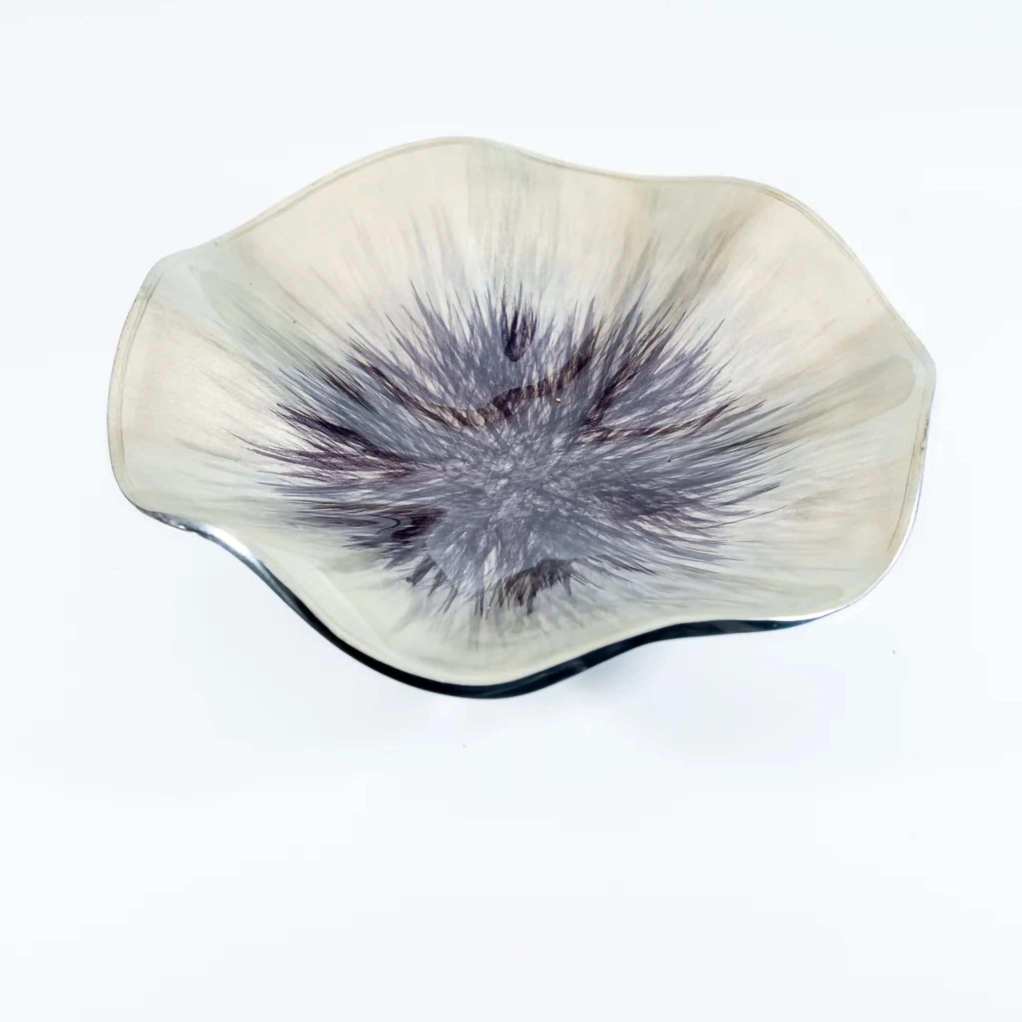 A brushed silver enamelled dish in the shape of a poppy flower