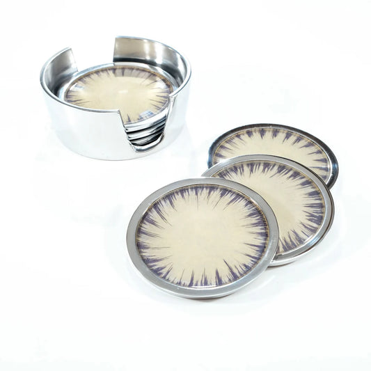 A set of 6 round coasters in silver with holder