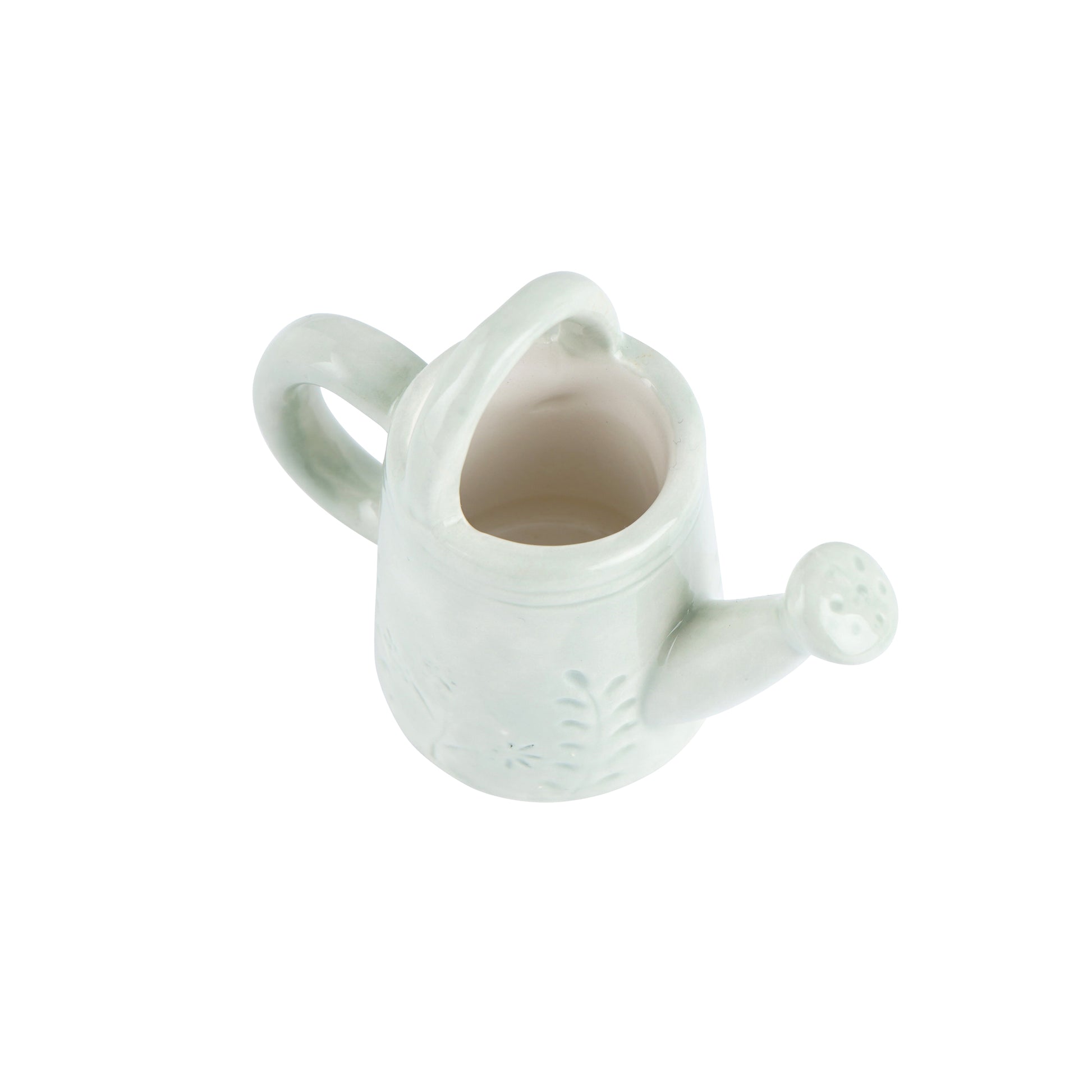 green ceramic watering can shaped bud vase