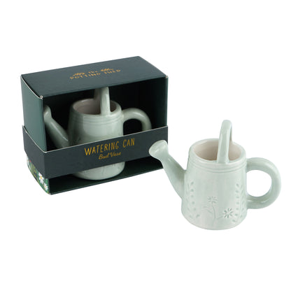 Green ceramic bud vase shaped like a watering can with gift box