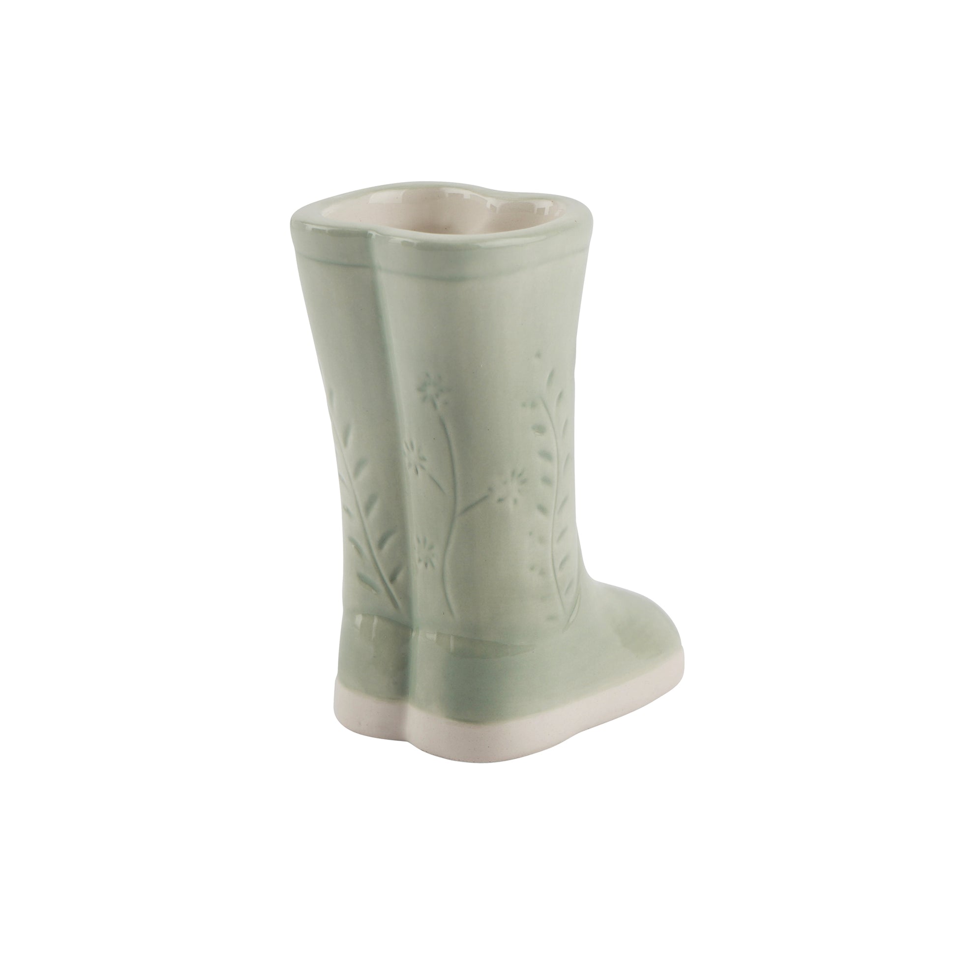 Light green ceramic welly boot shaped bud vase
