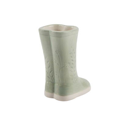 Light green ceramic welly boot shaped bud vase
