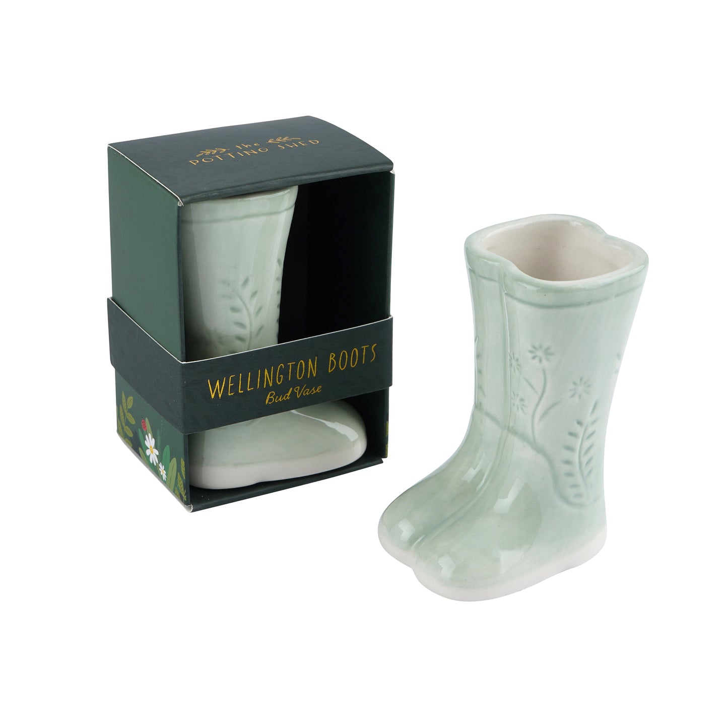 Light green ceramic welly boot bud vase with gift box