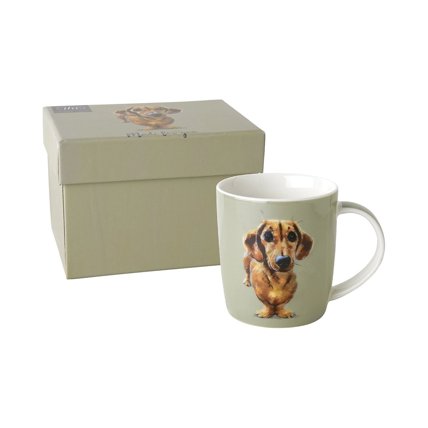 Warm linen porcelain mug with dachshund dog design